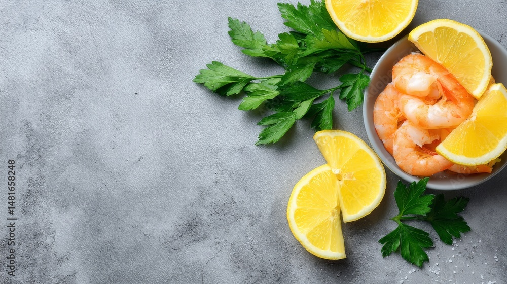 Poster shrimp are skillfully laid out on a smooth gray surface, accompanied by vibrant lemon slices and par