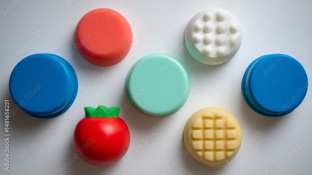 Aufkleber this artwork displays colorful fruit-shaped objects in a balanced arrangement on a white background,