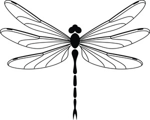 Illustration of Minimalist vector design of a dragonfly in flight, by a world-class graphic designer. no text, minimalist, abstract, clean white background