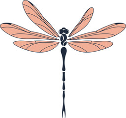 Illustration of Minimalist vector design of a dragonfly in flight, by a world-class graphic designer. no text, minimalist, abstract, clean white background