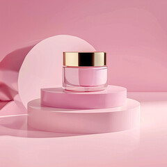 Cosmetic cream in a glass jar on pink backdrop. Skin care concept. Cosmetic products background