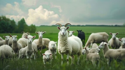 Fototapeta premium Sheep herd in a grassy field (1)