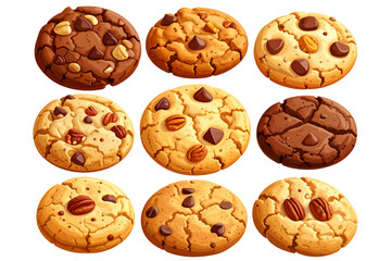 8 different cookies: chocolate chip cookie, walnut cookie, pecan pie cookie, soft and delicious transparent background.
