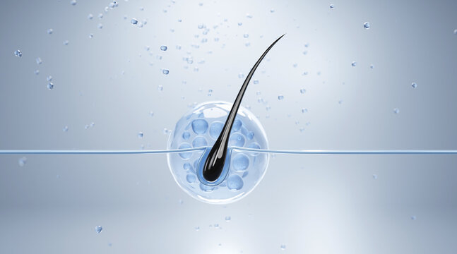 3D hair follicle cross-section showing nutrient absorption and scalp hydration, perfect for haircare and shampoo product visuals.