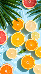 Fresh tropical fruits floating in water, clean aesthetic, top-down view