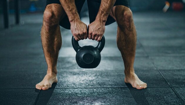 A person lifting a kettlebell in a gym, focusing on strength training, with exercise equipment and mats visible in the background