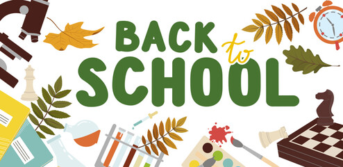 Back to school banner. Vector illustration with autumn leaves and school supplies. Educational banner, poster, flyer.