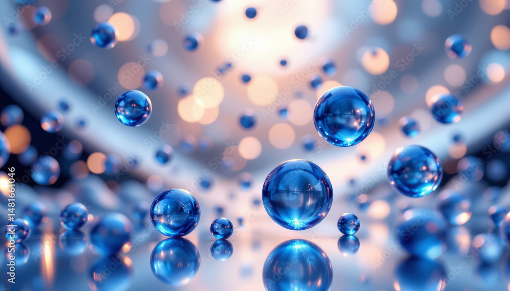Poster blue molecular bubbles floating in dreamy background create mesmerizing effect