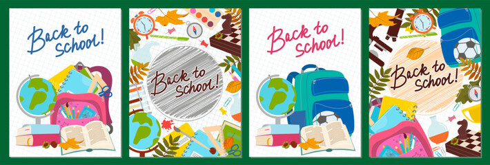 Set of posters, banners. Back to school with backpack, school bag, globe, pencil. Vector illustration.