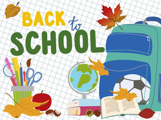 Back to school vector design banner with backpack, school bag, alarm clock, pencil and educational elements. Vector illustration.