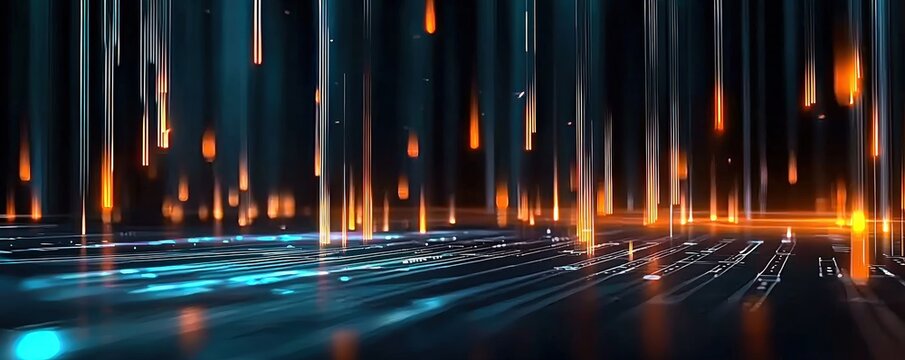 A futuristic digital cityscape with glowing binary code and streaks of light representing information flow in cyberspace.
