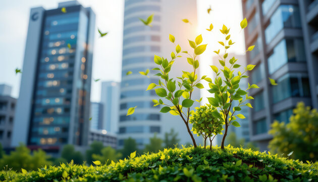 Vibrant green plant emerges amidst urban buildings, symbolizing corporate sustainability