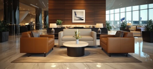 First-class airport lounge with luxurious leather chairs, soft lighting, and personalized services, ensuring a comfortable and elite travel experience.