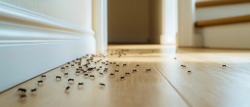 Ants infesting home floor, stairs background