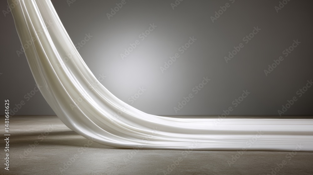Poster milk froth swirls and cascades over a sleek surface, illuminated by soft light, capturing a serene a