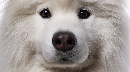 Fototapeta premium Close-up of a white fluffy dog with deep brown eyes and a black nose on a white background, front angle