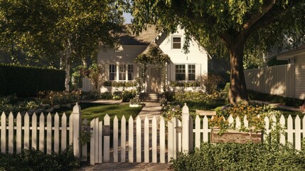 Charming Suburban Home: A Picturesque White House Nestled in a Lush Green Garden