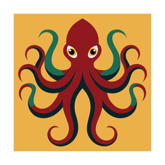 Vibrant vector illustration of a stylized red octopus featuring green accents on yellow background