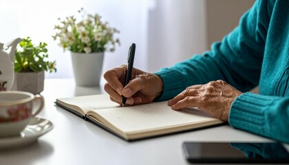 A person writing in a notebook at a cozy table with a cup of tea, surrounded by plants and natural light streaming in