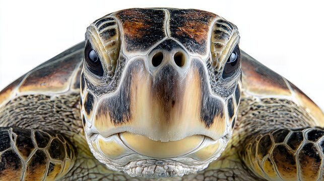 Close-up of a sea turtle's face with intricate shell patterns on a white background, front angle