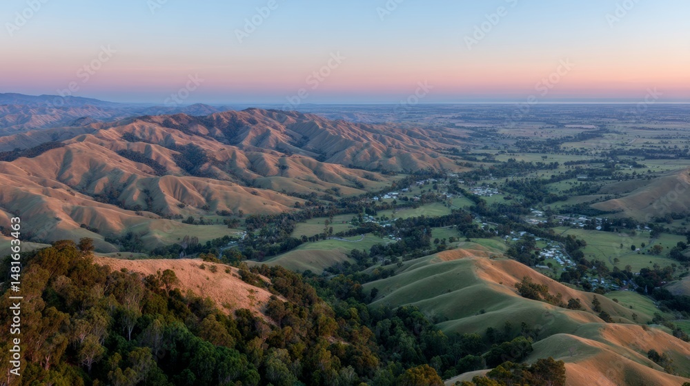 Poster high angle view captures lush rolling hills filled with sheep as warm sunset colors create long shad