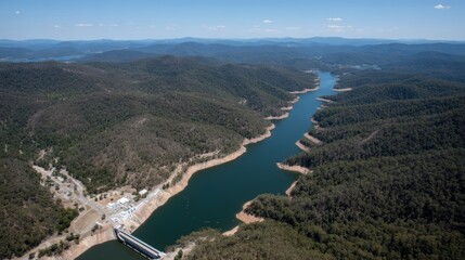 Obraz premium Aerial view captures a large reservoir cascading into a peaceful valley surrounded by vibrant green hills and misty mountains under bright blue skies