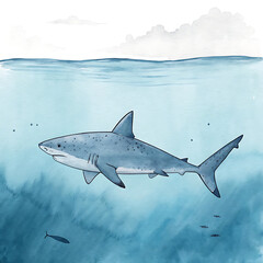 Fototapeta premium Ocean Clipart Watercolor Shark Illustration, Underwater Scene