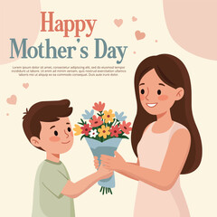 Happy mother's day card with cute boy giving a bouquet of flowers to his mother vector illustration