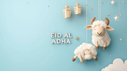 a wall with a sheep and crescent moon and a wall with lanterns and clouds with text eid al adha