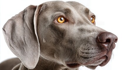 Close-up portrait of a Weimaraner dog with amber eyes on a white background, detailed side angle