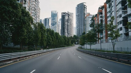 Empty urban road winds through a city of towering buildings.