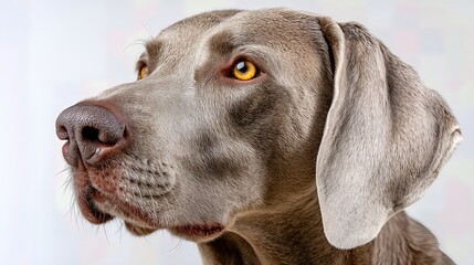 Close-up portrait of a Weimaraner dog with striking amber eyes on a white background, side angle