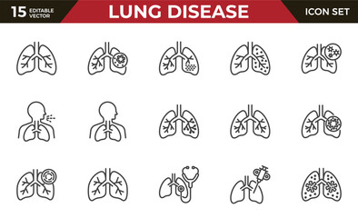 lung disease line icon set, such as copd, cough, bronchitis, spirometry and more. Editable stroke.