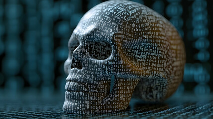 A skull composed of code sits on a digital background, symbolizing cyber threats