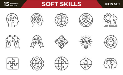Soft skills line icon set, such as leadership, teamwork, problem solving, empathy and more. Editable stroke.