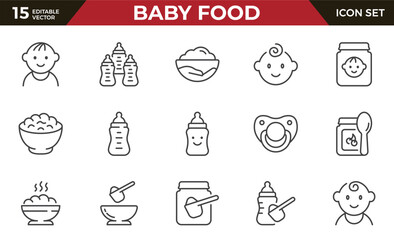 Baby food icon set, such as bottle, jar, powder, cereal and more. Editable stroke. vector illustration