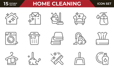 Home cleaning line icon set.Clean up the house. Washing floors, windows, dishes, clothes and linen.Sweeping the floor and wiping dust. Outline icon collection.