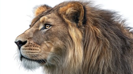 Obraz premium Close-up profile of a majestic lion with detailed mane on a white background