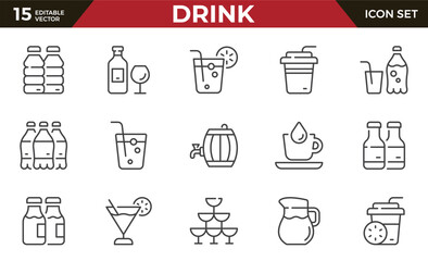 Drink line icons set. Alcoholic drinks. Lemonade, cocktail, wine, cold and hot, carbonated drinks. Outline icon collection.