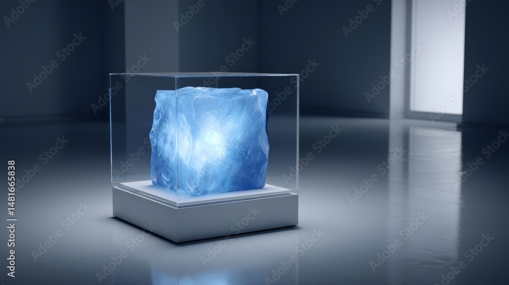 Poster a glowing neural network encased in glass emits a soft blue light in a sleek, modern environment, re