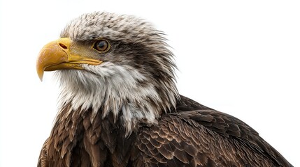 Fototapeta premium Close-up profile of a bald eagle with detailed feathers and sharp beak on a white background