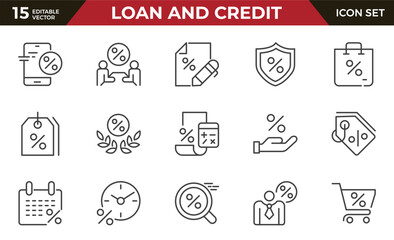 Loan and Credit line icons set. Mortgage, car loan, bank lending, cash loan. Outline icon collection. Pictogram and infographic.