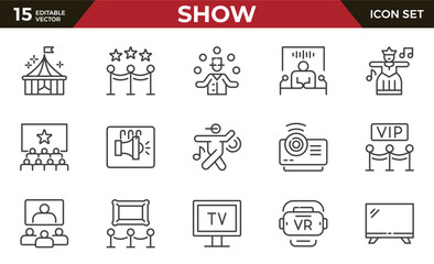 Show line icons set. Entertainment, leisure, performance. Concert, cinema, circus, exhibition, theater, philharmonic, opera.Outline icon collection. Conceptual pictogram