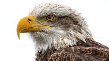 Fototapeta premium Close-up portrait of a bald eagle showing detailed feathers and sharp beak on a white background, side angle