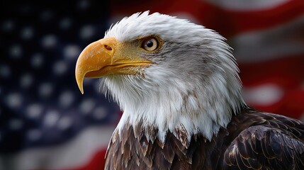 Close-up of a majestic bald eagle head with American flag background, side profile 