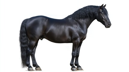 A majestic black horse standing still on a white background, side profile view