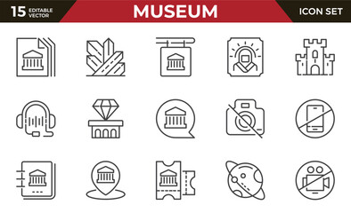Museum line icons set. Art gallery, archaeological, historical exhibition, sculpture, ancient exhibits.Outline icon collection.Conceptual pictogram and infographic.