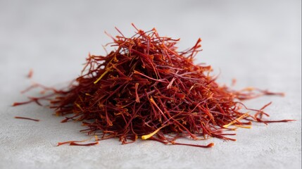 Fototapeta premium Close-up view of a heap of dried saffron threads reveals rich red hues, perfect for enhancing dishes or adding a touch of luxury to culinary creations