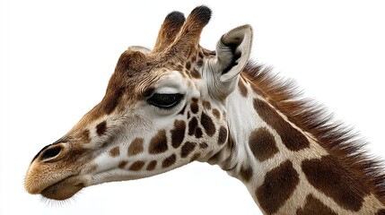 Close-up profile portrait of a giraffe with detailed fur pattern on a white background