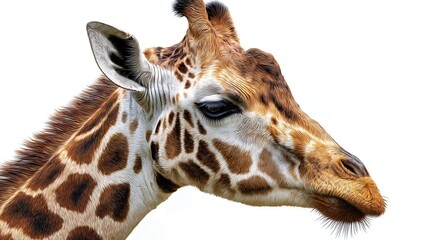 Close-up portrait of a giraffe with detailed fur texture on a white background, side angle